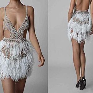 Short  Feather Cocktail Backless Spaghetti Crystal Beads Mini Evening Gown